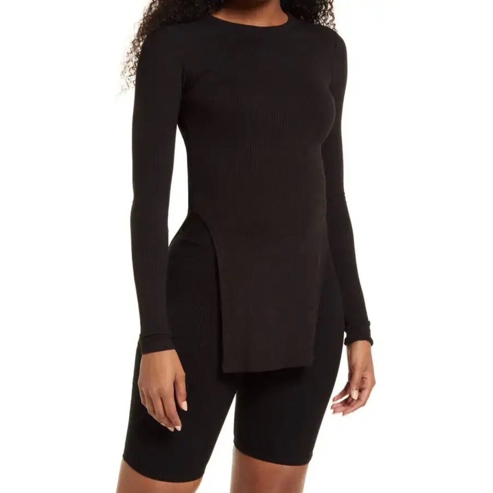 Naked Wardrobe Tunic Top Womens XL Black Excellent Ribbed High Slit NW-10725